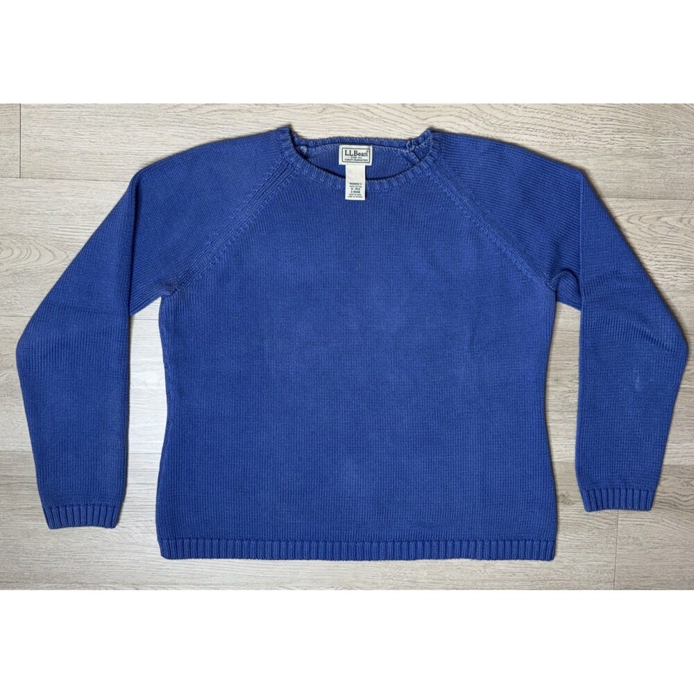 L.L. Bean Womens Sweater Medium Regular Blue 100% Cotton Ribbed Knit Crewneck
